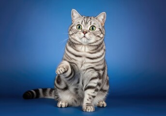 A fluffy british shorthair cat with striking green eyes and tabby markings sits elegantly on a vibrant blue background, raising a paw