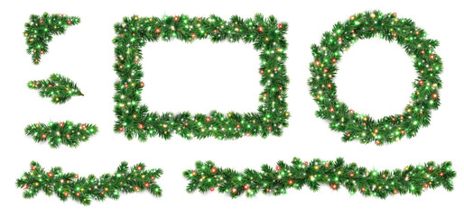 Obraz premium Christmas tree garland, wreath, and frame set with glowing colorful lights. Realistic pine branch decorations for festive design. Transparent background in vector file.