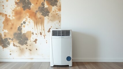 dehumidifier. A split composition of a dry wall and a moldy surface with a dehumidifier in the center. ESG reports, sustainability campaigns, designed for environmental awareness campaigns.