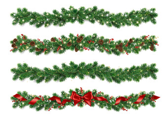Christmas garlands with pine branches, glowing lights, cones, red ribbon, bow and holly berries. Realistic festive vector border. Transparent background in vector file. © Olga Prozorova