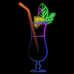 Neon cocktail drink in glass with straw bubbles and slice of lemon illuminated line sign