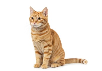Orange tabby cat sitting and looking to the side, isolated on a clean white background
