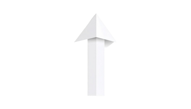 Minimalist 3D illustration of a paper-style white arrow pointing straight up, with soft shadows on a white background. This image is suitable for representing concepts such as growth, ked