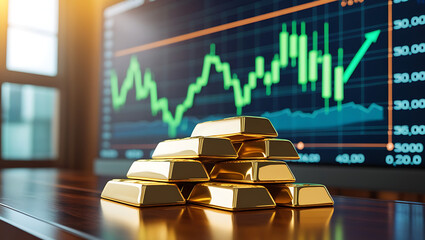 A stack of gold bars sitting on a table in front of a stock market graph display 4k  and hd image