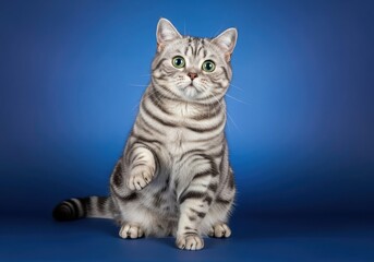 A cute tabby cat with green eyes sits on a blue background, raising one paw as if to wave or greet