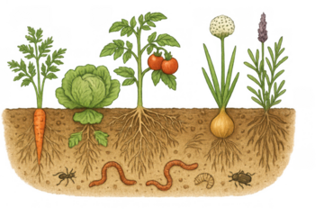 Garden vegetables growing in cross-section soil with roots, worms, and insects, illustrating healthy farming ecosystem underground, transparent background