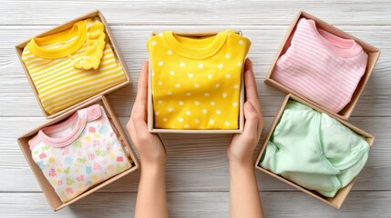 Women carefully collect colorful, gently used children's clothing into boxes, preparing for donation at a community gathering focused on helping families in need