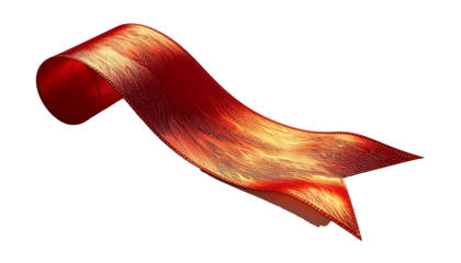 Shiny and textured bright red satin ribbon, partially rolled up on white background. This ribbon has a pointed tip and soft shading, ideal for gift concepts, celebrations, holidays, d