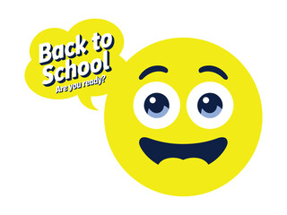 Fototapeta premium A cheerful yellow emoji character with a speech bubble saying 'Back to School, Are you ready?'