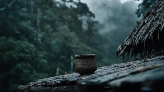 A rainy day scene featuring a pot on a thatched roof with a blurred, green forest backdrop