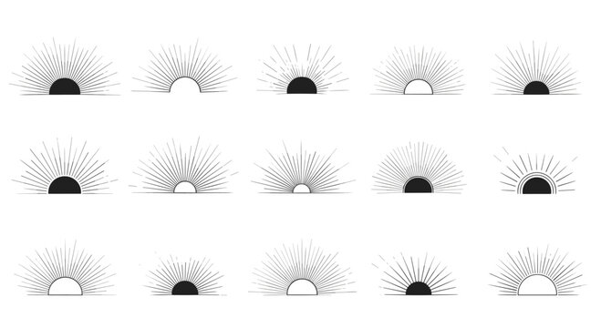 Collection of twelve semi-circular sunburst or radiating line designs in a retro vintage style.