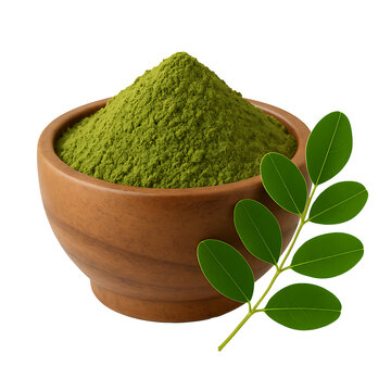 Fresh moringa leaf green powder in wooden bowl isolated on white background representing nutrition organic superfood natural health herbal supplement and vegan ingredient concept