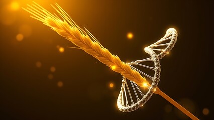dna. A luminous DNA helix wrapped around a golden wheat stalk with glowing carbohydrate molecules orbiting like planets. STEM education sheets.