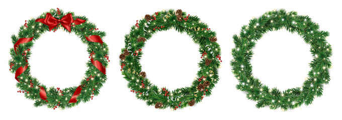 Set of realistic Christmas wreaths made of pine branches with red bows, cones, and glowing lights. Festive vector decoration. Transparent background in file. © Olga Prozorova
