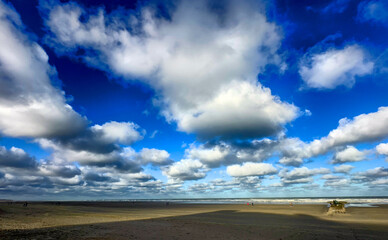 beach under vast cloud-filled blue sky with low horizon and sandy foreground. Wide open seascape, textured cumulus formation, calm