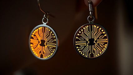 materialization. Elegant minimalist earrings with glowing embedded circuit pattern, fusion of fashion and technology. symbolizing technological progress and responsible innovation.