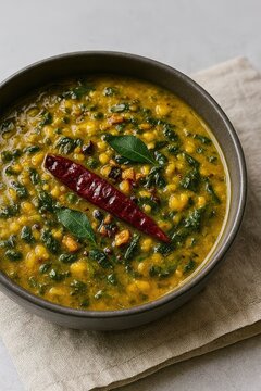 Gongura Pappu, Andhra, tangy sorrel dal with garlic tempering styled in diffused earthy lighting