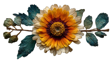 Ilustrasi bunga matahari tunggal dengan daun dan ranting di sisi-sisinya, menciptakan elemen dekoratif horizontal.
