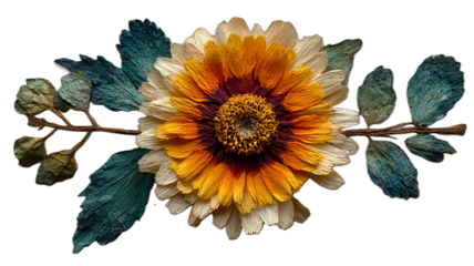 Ilustrasi bunga matahari tunggal dengan daun dan ranting di sisi-sisinya, menciptakan elemen dekoratif horizontal.