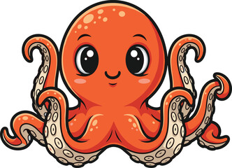 Cute orange octopus cartoon, adorable marine creature illustration, playful sea animal character art for kids, ocean-themed design, fun underwater graphic