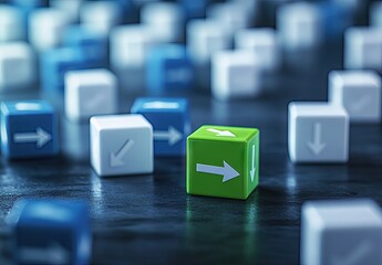 A single, green cube with a right-pointing arrow stands out amidst many white and blue cubes with various directional arrows