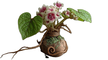 Tanaman kecil dengan bunga putih yang ditanam di dalam pot keramik bergaya vintage, kesan pedesaan yang menenangkan.