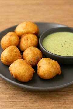 Mangalore Goli Baje, fluffy golden fritters with chutney captured in crisp, soft spotlight styling