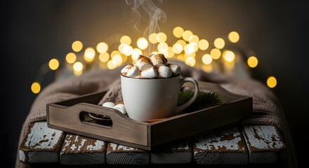 Cozy hot chocolate with marshmallows and warm bokeh lights