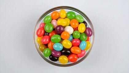 ガラスボウルに入ったカラフルなチョコレート菓子構図 | Colorful Candy-Coated Chocolates in Clear Glass Bowl on Light Background
