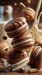 Macaroons flying in the air with chocolate, cookie crumbs, chocolate pieces, cream, dynamic vertical image.