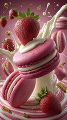 Floating macarons with strawberries, cookie crumbs, cream, dynamic vertical image