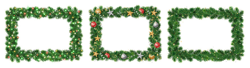 Christmas tree garland horizontal frames with colorful glowing lights and ornaments. Realistic festive square decorations. Transparent background in vector file.