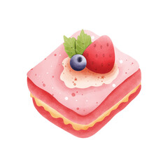 A cute hand-drawn strawberry cake in soft watercolor style. Perfect for stickers, prints, and sweet-themed designs with charming pastel details.