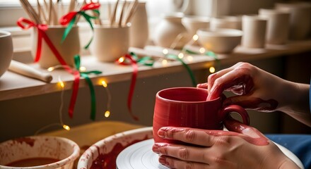 Hands shaping a red ceramic mug on a pottery wheel during the holidays