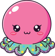 Cute kawaii pink octopus illustration, adorable cartoon sea creature, colorful tentacles, children’s design, playful marine character art for digital projects