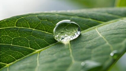 Macro Water Droplet on Green Leaf Under Natural Light