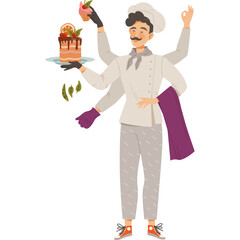 Multitasking Chef With Multiple Arms Prepares A Cake With Fruit And Garnishes In A Whimsical Illustration Style