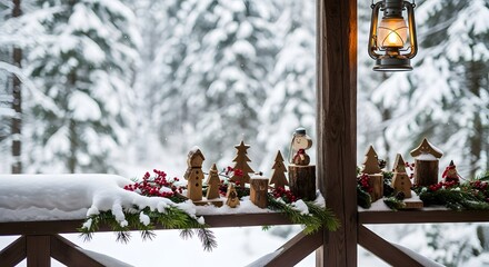 Cozy winter porch with lantern and christmas decorations in snow