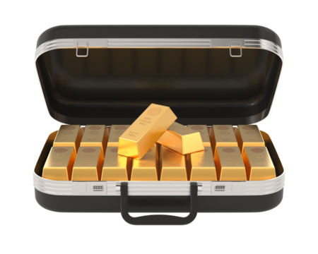 Open leather briefcase with gold bars. on white background. Isolated 3D illustration