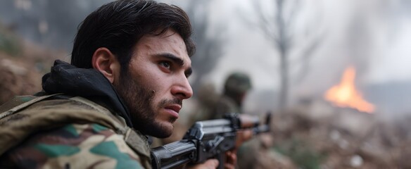 Fototapeta premium Rising rebel storms shake up security landscapes like wild winds in conflict zones.