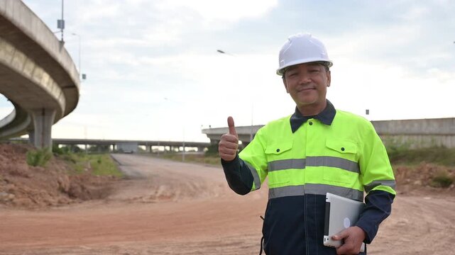 Confident engineer giving a thumbs-up at an active infrastructure project, showing approval and commitment as construction progress continues.