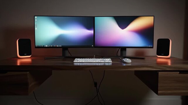 Modern workstation with dual monitor setup and sleek keyboard on wooden desk. Dual monitor arrangement presents stylish, organized workspace, with speakers flanking screens enhancing audio experience.