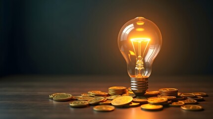 Bright lightbulb illuminating gold coins symbolizes innovative business ideas and financial growth