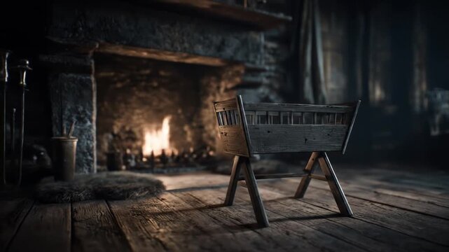A rustic wooden cradle stands before a fireplace, with warm light and a cozy atmosphere