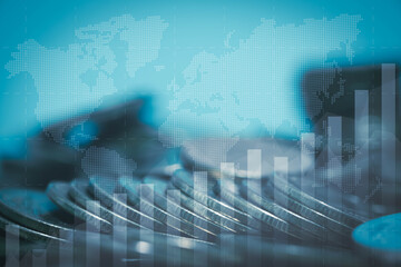Global finance concept with stacked coins, digital world map and rising bar charts symbolizing economic growth, currency markets, international investment and modern financial analytics.