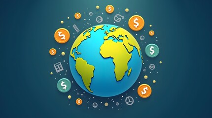 World economy and global finance visualized with currency symbols and icons orbiting Earth