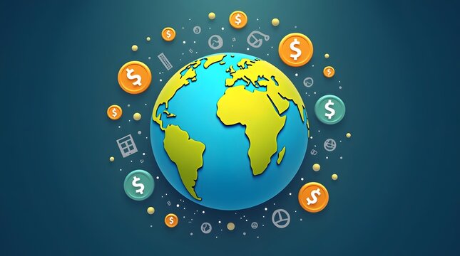 World economy and global finance visualized with currency symbols and icons orbiting Earth