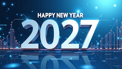 Happy New Year 2027 glowing blue 3D numbers with sparkling light rays and digital particles