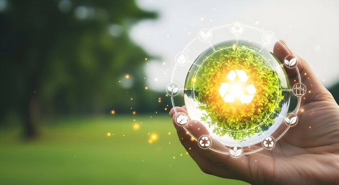 Hand holding glowing orb with green energy and nature background