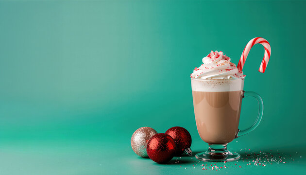Peppermint mocha coffee drink with whipped cream and candy cane on turquoise background with chocolate cookie and festive decoration